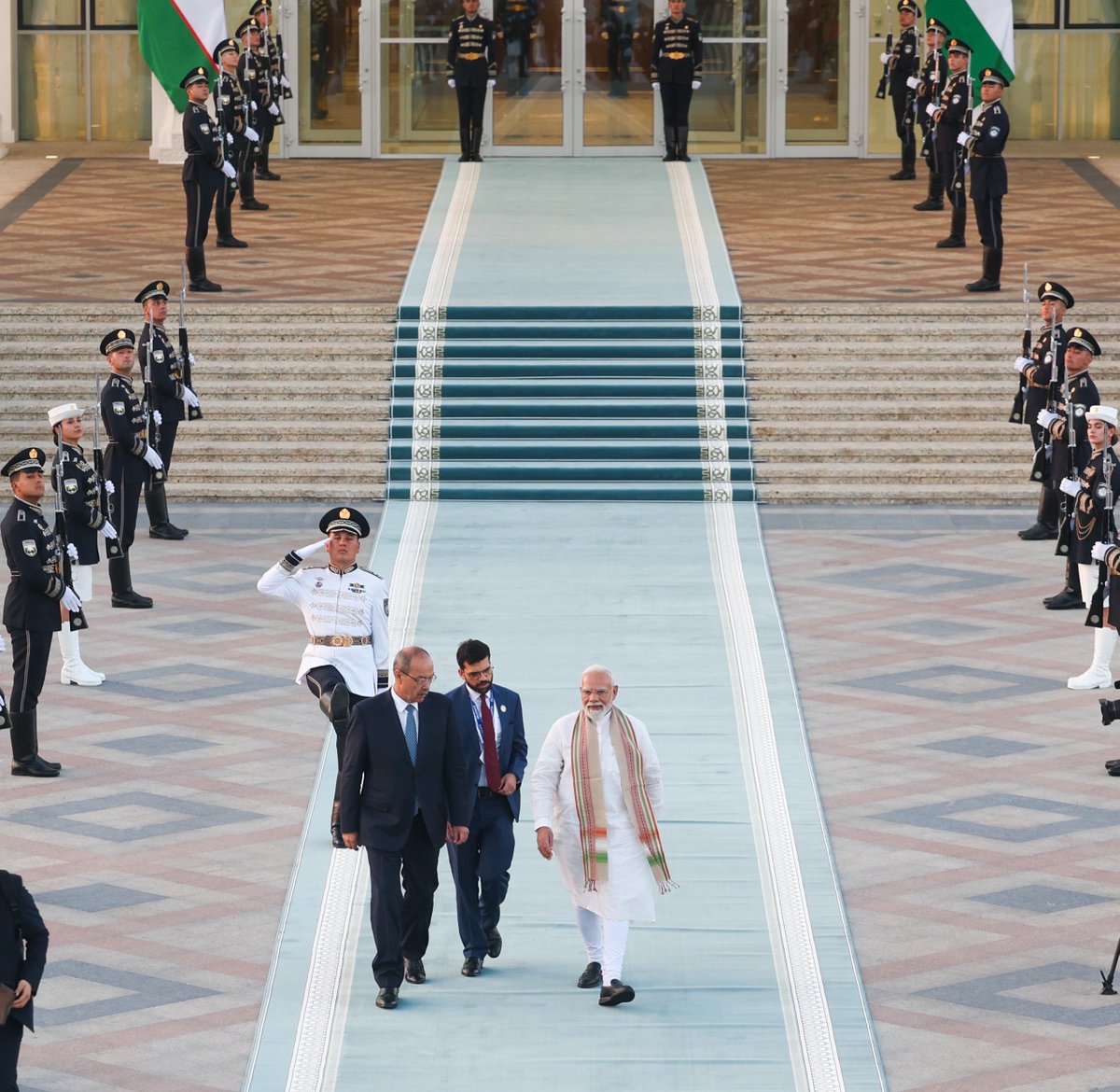 PMOIndia's tweet photo. After concluding a productive visit, PM @narendramodi departed from Uzbekistan for the Kyrgyz Republic. He was seen off by PM Abdulla Aripov of Uzbekistan at the airport. https://t.co/dqmIfH19CZ