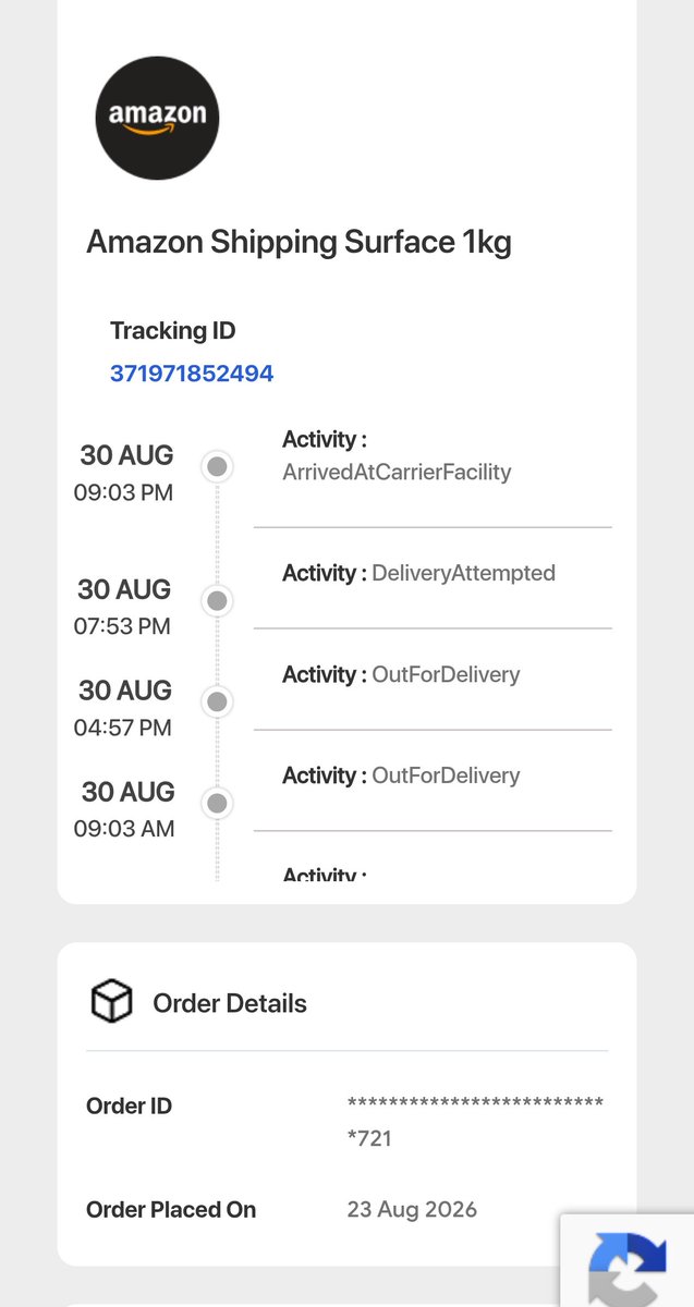 SooruSuraj's tweet photo. @ShiprocketIndia  i haven't received my order. Delivery executive daily Make fake attempt and refused home delivery. Please do the needful.
Tracking ID- 371971852494
Order ID- 310937348 @Pepperfry
@AmazonHelp @amazonIN https://t.co/kqxphFAmEo