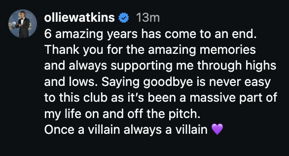 johntownley11's tweet photo. Ollie Watkins has confirmed his departure from Aston Villa on Instagram.

#AVFC https://t.co/RSravAhX9a