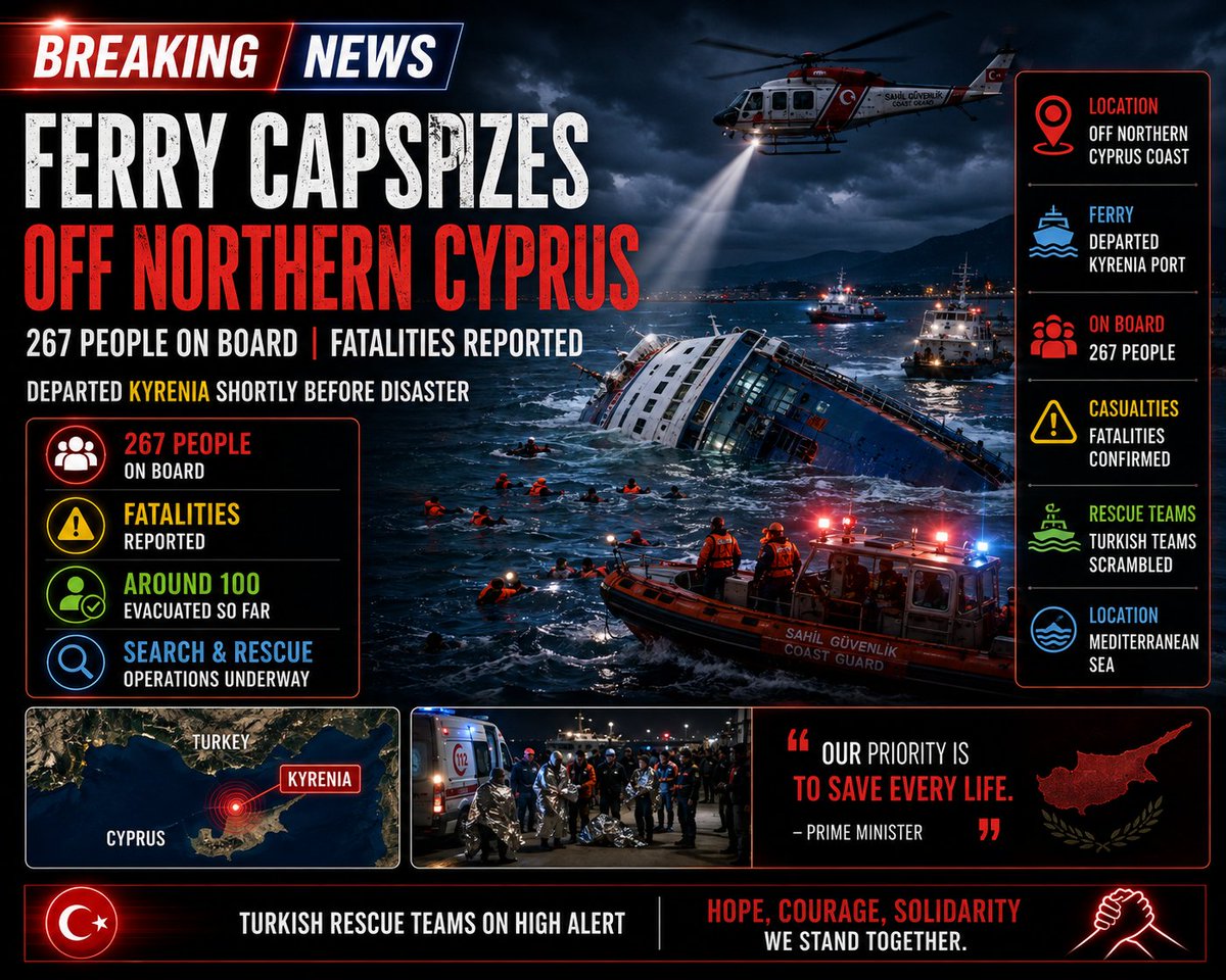ai_tablet's tweet photo. 🚢 BREAKING: Ferry carrying 267 people capsizes off northern Cyprus after leaving Kyrenia. Prime Minister reports fatalities; 100+ evacuated so far. Turkish rescue teams scramble as search operations continue in the Mediterranean now! #Cyprus #BreakingNews #FerryDisaster https://t.co/55uagzaFQv
