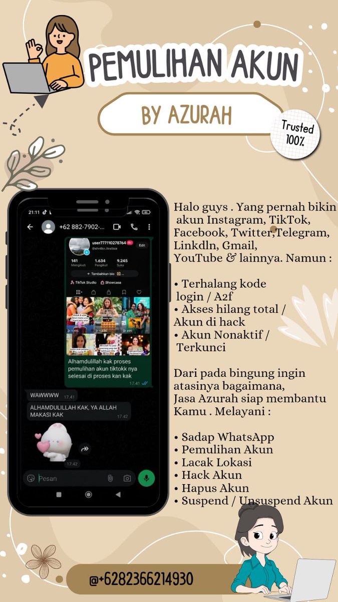 flawncy's tweet photo. Jasa Pemulihan akun &amp; Hapus Akun.

✧˚ pulihkan Akun
Fb, Wa, Ig, TikTok, Instagram, Line, X, Gmail &amp; Lainnya

✧˚ Hapus Akun Permanent
Facebook, Instagram, TikTok, WhatsApp, Line, X, Gmail,Telegram &amp; Lainnya

🗣️: Tanpa Email, Pasword, Hilang Akses?
➡️: WhatsApp Di Bio https://t.co/DOEzp3uCIL