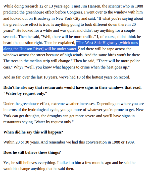 TonyClimate's tweet photo. In 1988 NASA's James Hansen said Lower Manhattan would be underwater by the year 2018 due to global warming.

https://t.co/zk9sROp26w https://t.co/M8Ne6FWIf7