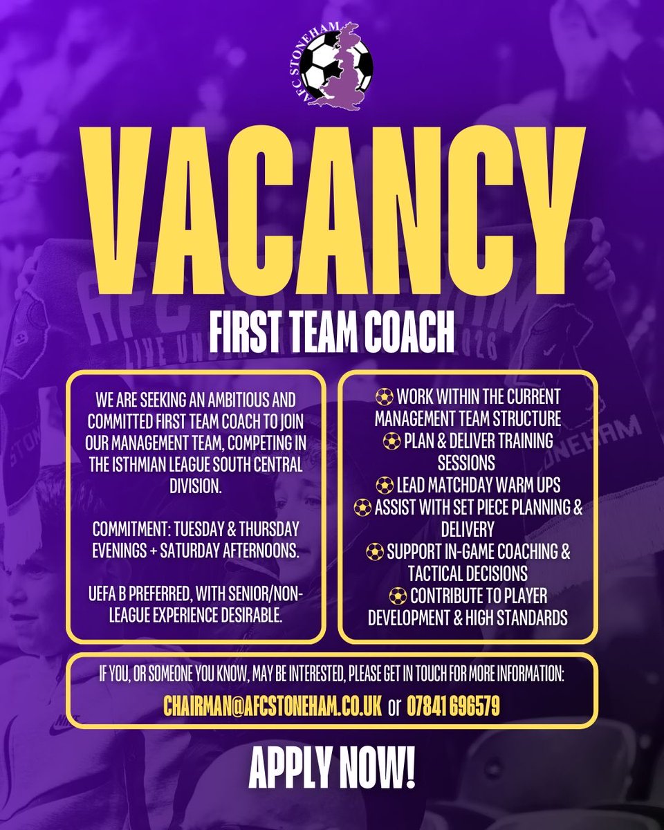 afc_stoneham's tweet photo. We are looking for a First Team Coach to join our management team!

UEFA B preferred. Senior/non-league experience desirable.

Please contact Mark - 
📧 chairman@afcstoneham.co.uk
📞 07841 696579

💜⚽️ #UpThePurps https://t.co/MCghQ6UWkP
