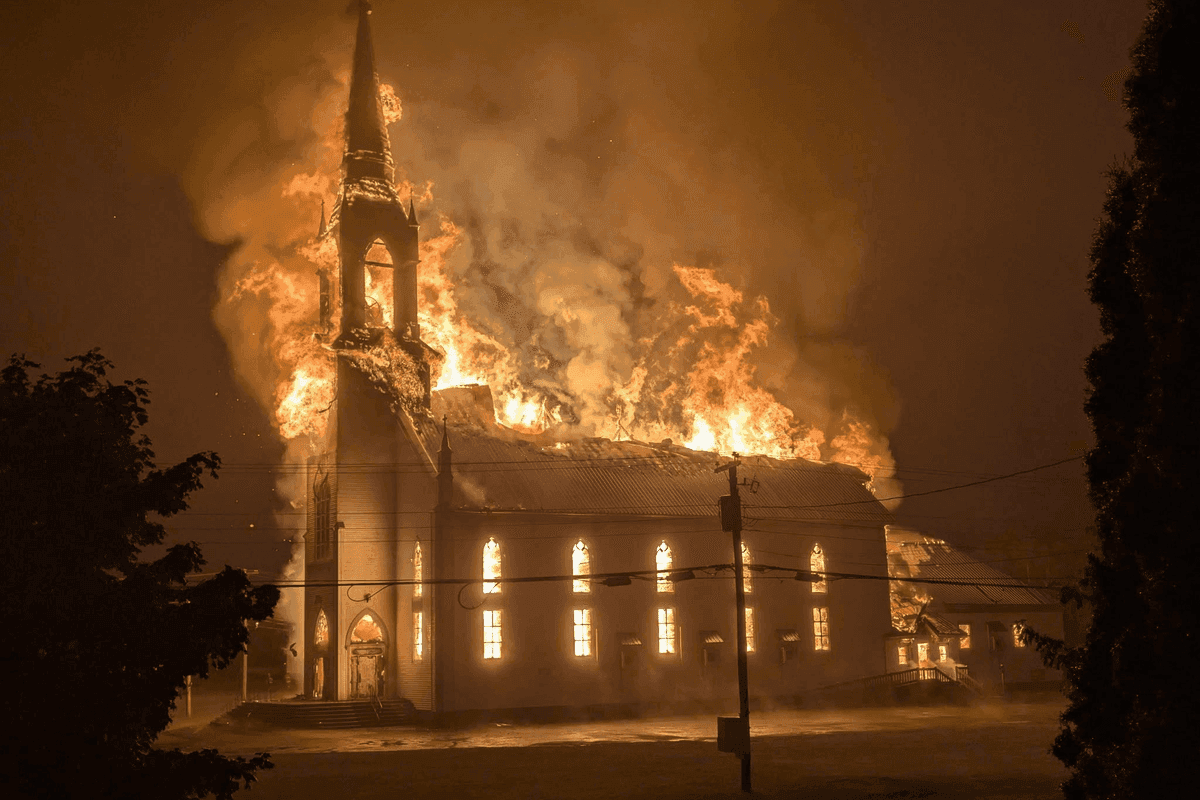 DahliaKurtz's tweet photo. Last Sunday: A historic, 108-year-old place of worship.

Today: A pile of ash in New Brunswick, 🇨🇦.

More than 120 churches in Canada have been burned or vandalized over the past five years.

But please. Tell me more about "Islamophobia!"