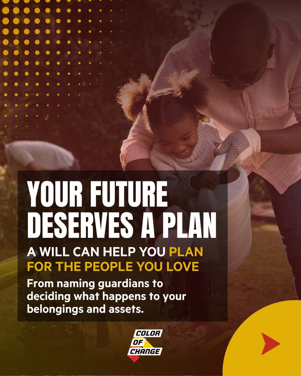 ColorOfChange's tweet photo. What does it mean to build a legacy? It starts with making a plan.

Through our partnership with FreeWill, you can create or update your will for free and put your plans in writing.

Create or update your will for free with FreeWill: https://t.co/CcaEJECI7W https://t.co/Rqxpcc1Cdk