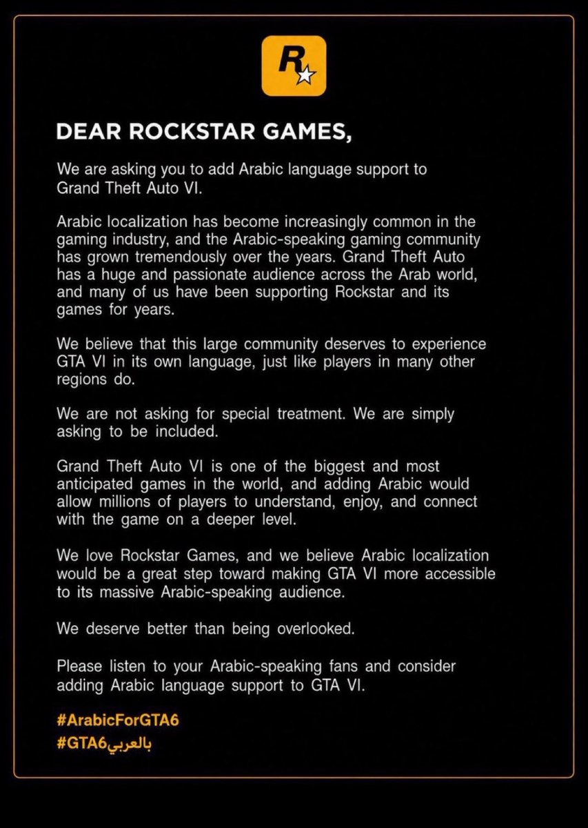 iRoJST's tweet photo. Hello Rockstar Games! 👋❤️

Please add Arabic subtitles to GTA VI. Arabic-speaking players are a huge gaming community, and we would love to experience the story in our own language.

Please hear our voice and bring Arabic to GTA VI! ❤️🇸🇦

#ArabicForGTAVI #GTAVI @RockstarGames https://t.co/bapEoEzdC0