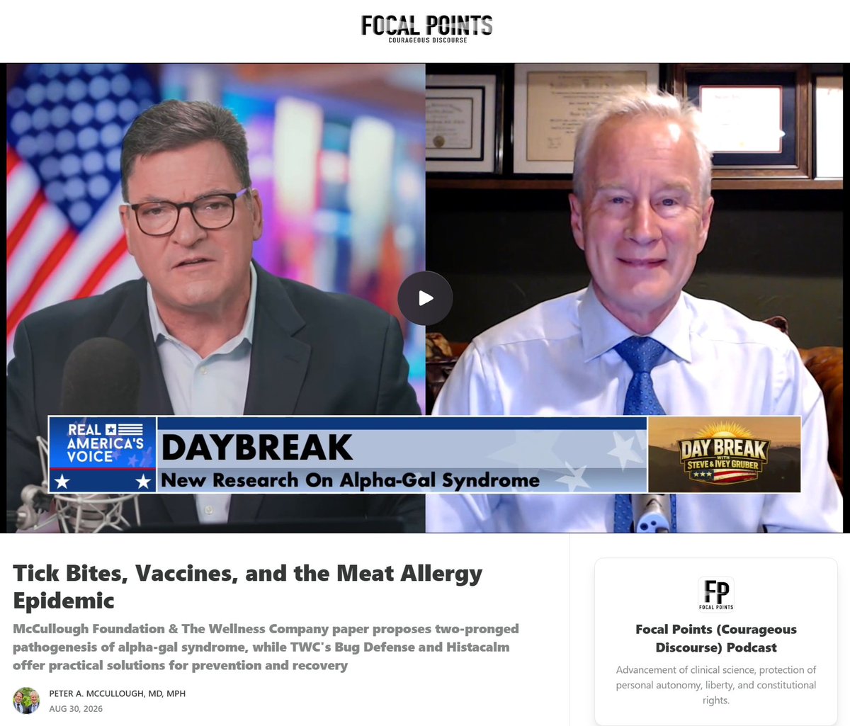 P_McCulloughMD's tweet photo. Tick Bites, Vaccines, and the Meat Allergy Epidemic

McCullough Foundation & The Wellness Company paper proposes two-pronged pathogenesis of alpha-gal syndrome, while TWC's Bug Defense and Histacalm offer practical solutions for prevention and recovery.  URL TheFocalPoints.  @McCulloughFund @twc_health @stevegrubershow @RealAmVoice
