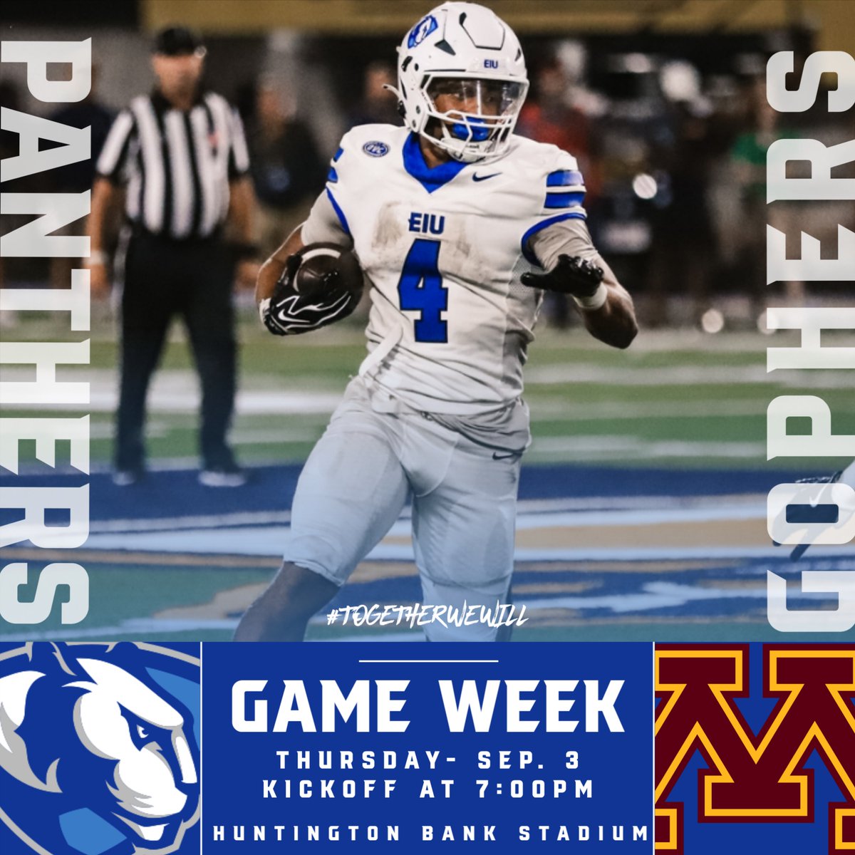 EIU_FB's tweet photo. GAME 2⃣

🆚 Minnesota
🏟️ Huntington Bank Stadium
🗓️ Thursday - September 3
⌚️ 7:00 PM CT
📺 Peacock

#WeNotMe | #BleedBlue | #TogetherWeWill https://t.co/0KJO3jGtS7