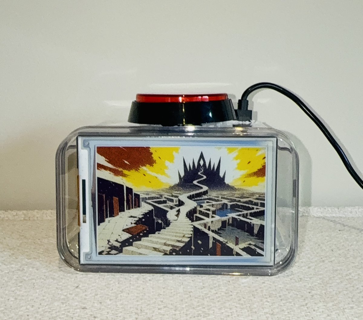 oblomovius's tweet photo. I built a physical dream machine for my wife. She always wants to capture her dreams when she wakes up. The device captures the dream, illustrates it beautifully and sends a postcard to a private website. I used a spare @Raspberry_Pi and planned it out using @tryblueprint_io. @OpenAI Codex helped me with the software. You can literally just build things even as a non technical person. The future is electric. She absolutely loves it even though I destroyed her food storage box for the case.
