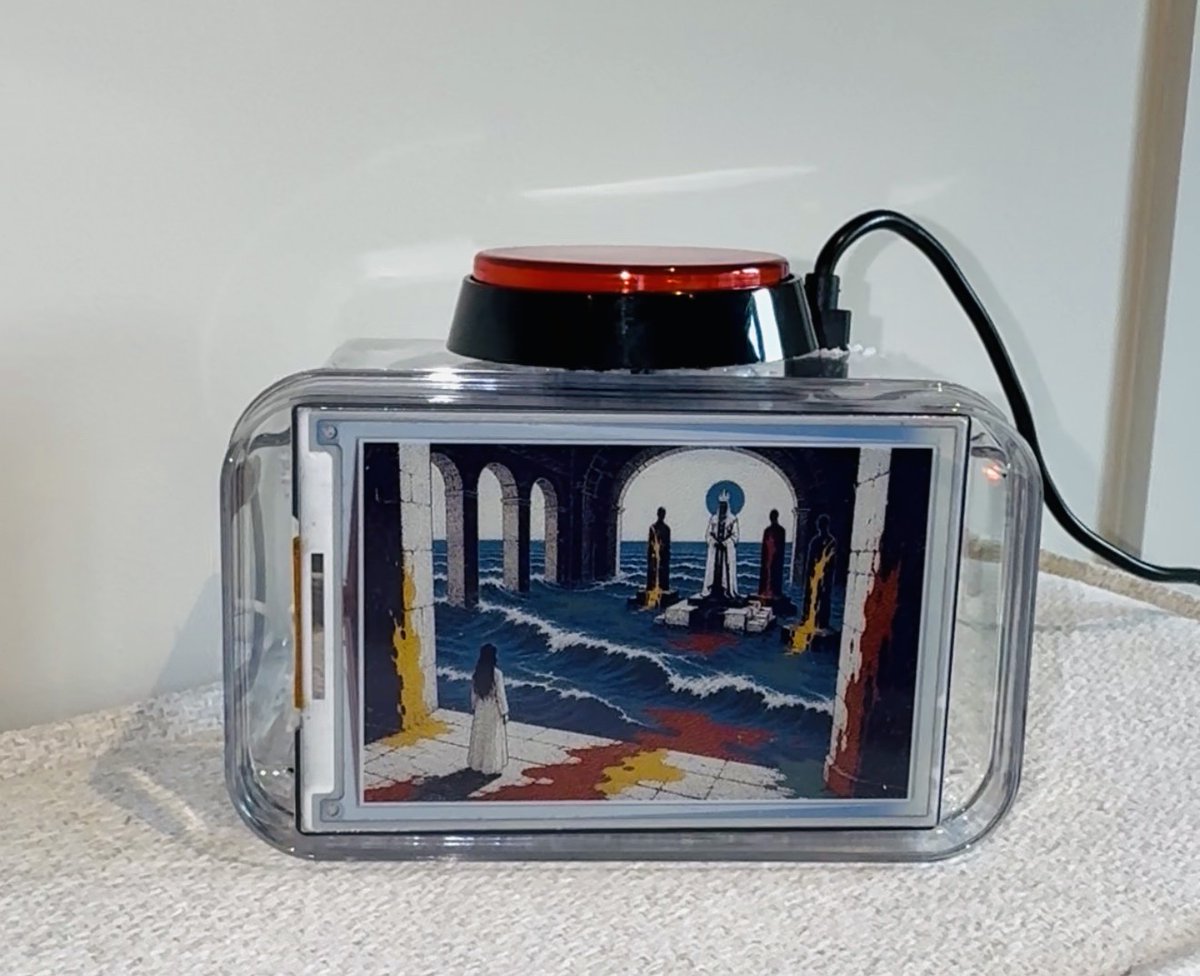 oblomovius's tweet photo. I built a physical dream machine for my wife. She always wants to capture her dreams when she wakes up. The device captures the dream, illustrates it beautifully and sends a postcard to a private website. I used a spare @Raspberry_Pi and planned it out using @tryblueprint_io. @OpenAI Codex helped me with the software. You can literally just build things even as a non technical person. The future is electric. She absolutely loves it even though I destroyed her food storage box for the case.