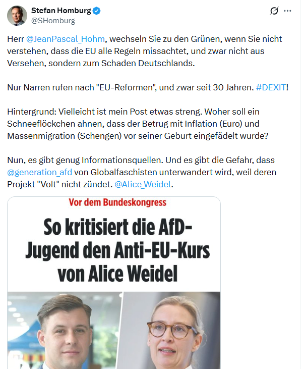 KreuzAcht's tweet photo. "es gibt die Gefahr, dass @generation_afd von Globalfaschisten unterwandert wird"

Im erweiterten Umfeld der AfD brodelt es wegen Jean-Pascal Hohms Versuch, der AfD den €-Ausstieg auszureden.

Hohm möge zu den Grünen wechseln. https://t.co/PinzMzyK8s