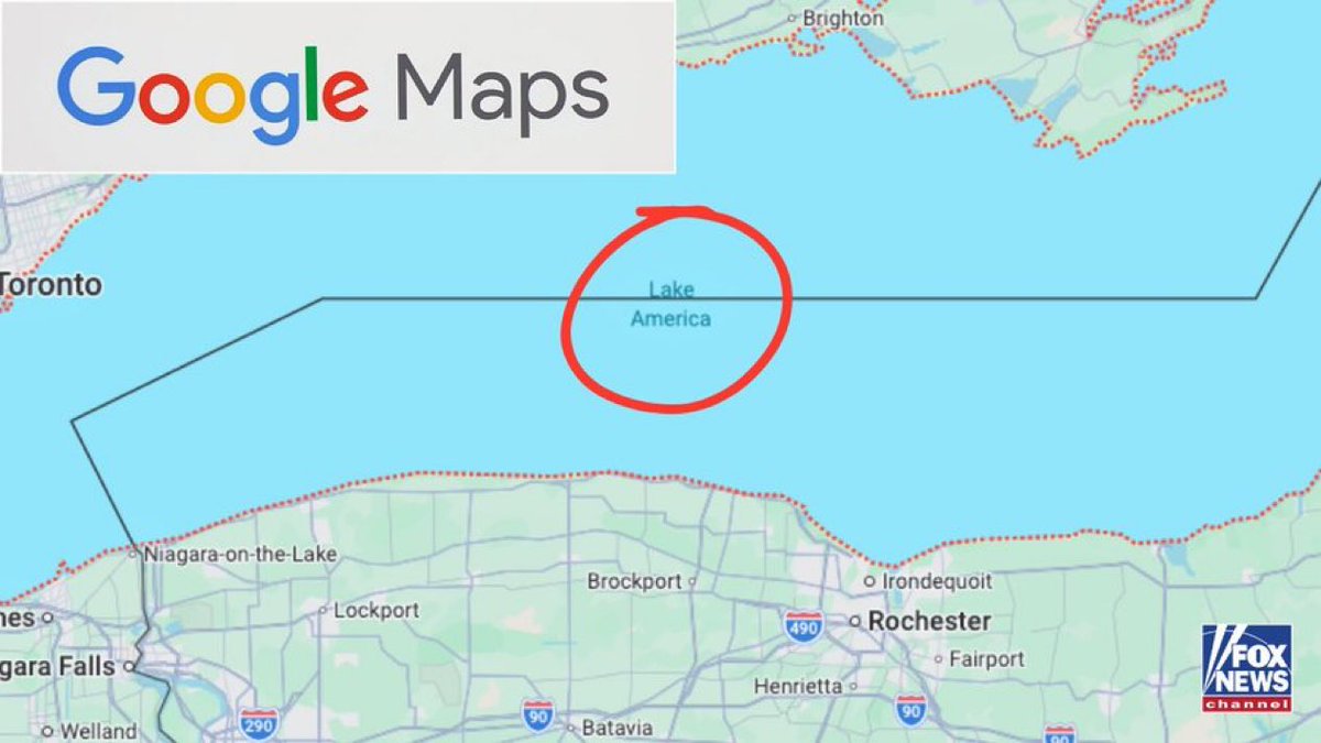 JaviXCubaLibre's tweet photo. ES OFICIAL: Google Maps ha cambiado "Lake Ontario" a "Lake America" tras la orden ejecutiva del presidente Trump. 

. @FoxNews 📸 https://t.co/qSHfJ8LWXx