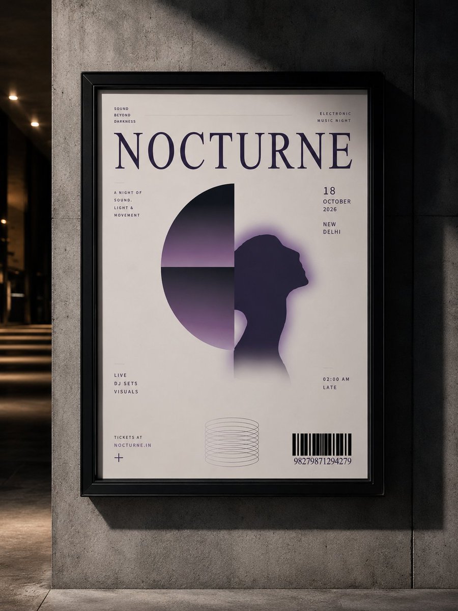 sonuwatts10's tweet photo. Designed this NOCTURNE electronic music event poster in Adobe Illustrator, focusing on minimalism, typography, and atmospheric visuals. 🎧🌙 https://t.co/Cii3ZTcOg9