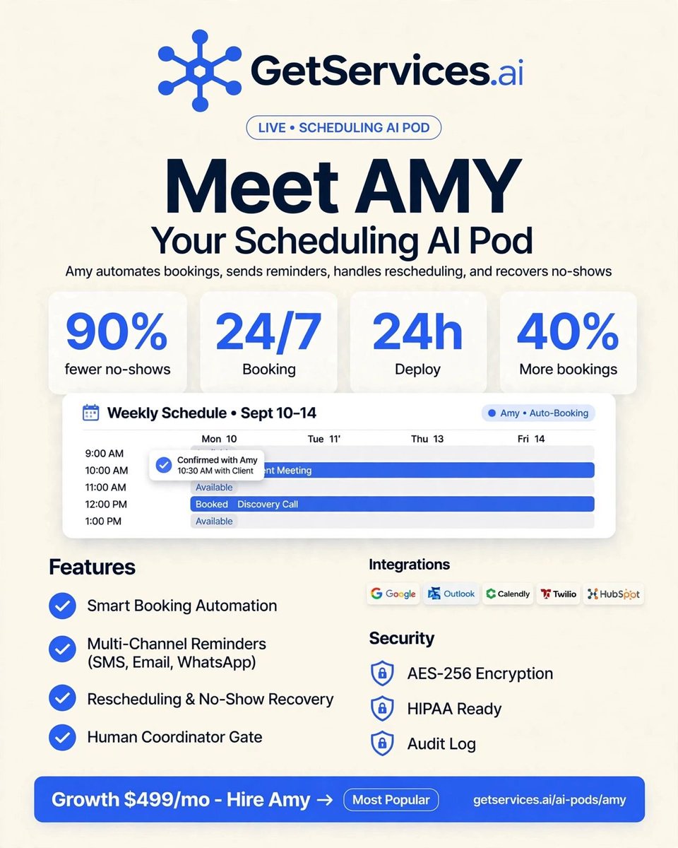 GetServicesai's tweet photo. Meet AMY, your Scheduling AI Pod from https://t.co/yXX4K8QWHa
She automates bookings, sends SMS, Email, WhatsApp reminders, handles rescheduling and recovers no-shows automatically.

Integrates with Google, Outlook, Calendly, HubSpot and many more. https://t.co/P2DJ4KpAMs https://t.co/g1lQlmpAqs