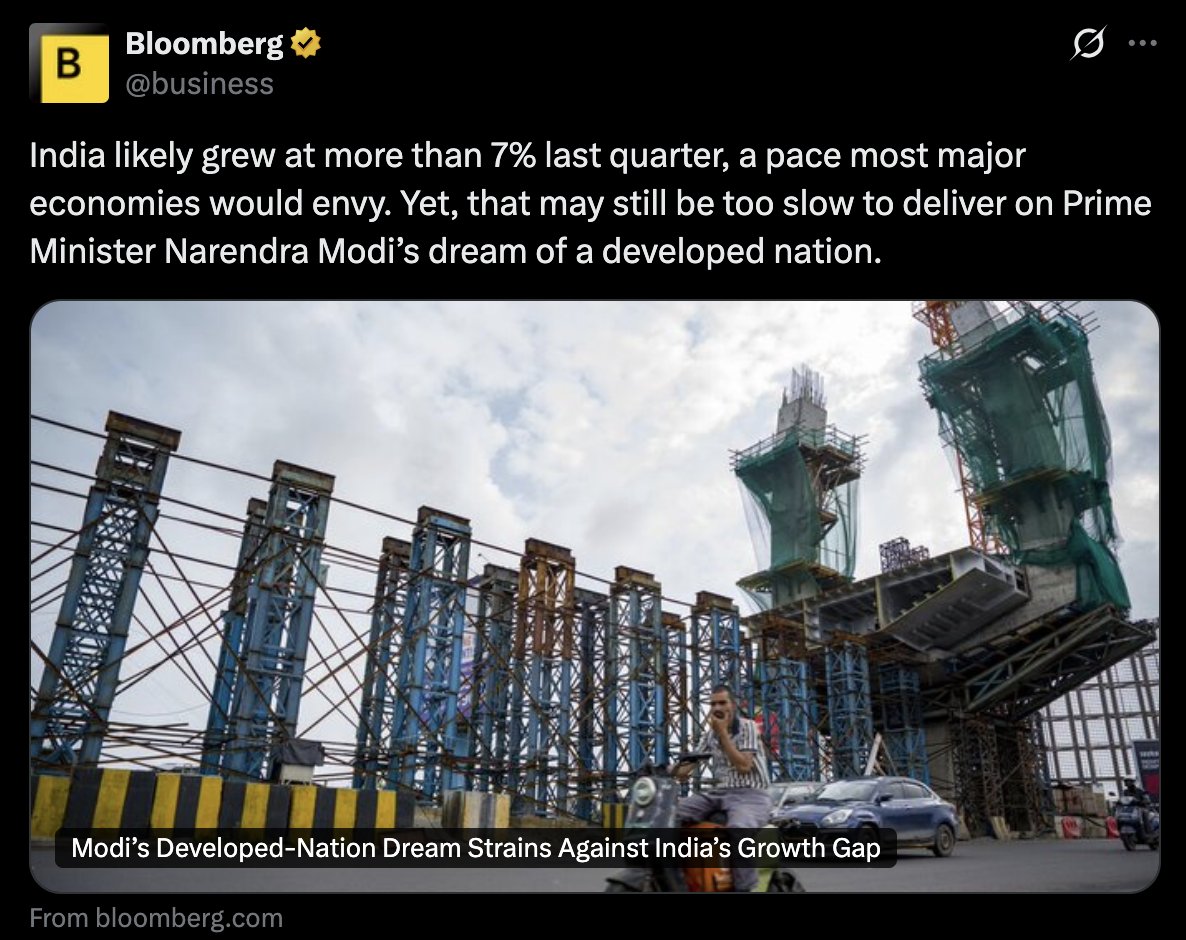 aravind's tweet photo. Seems China-Pak slaving Bloomberg is unable to digest India's stellar growth during an active war in the middle east. They thought the war will weaken India economically. But India exceeded expectations. Now Bloomberg is trying to spin it as something bad. https://t.co/cMLbY7FxeH