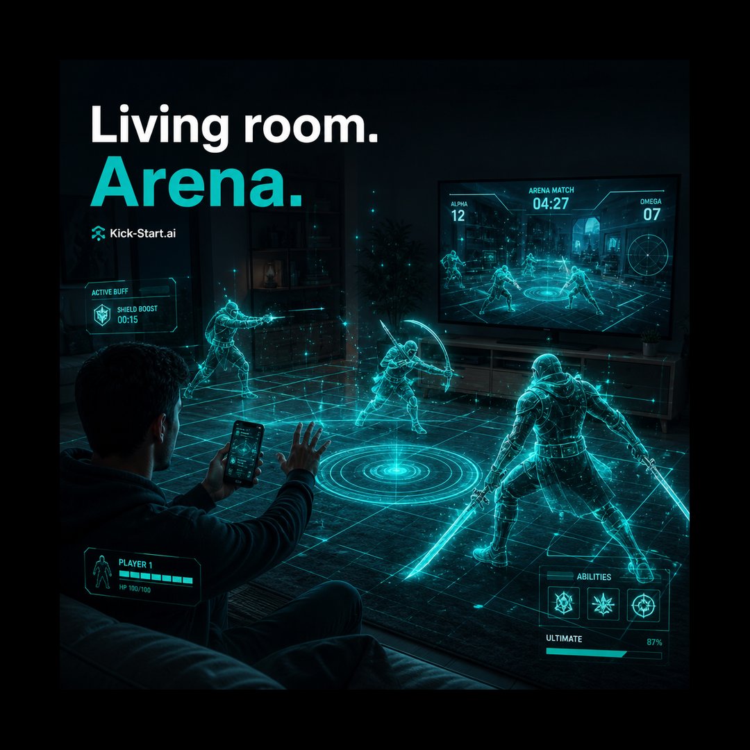 Kick_Start_Ai's tweet photo. Your living room. Their arena. Phone in hand, TV as the stage, couch still a couch. #arcade #augmentedreality https://t.co/FaGjL3xulC