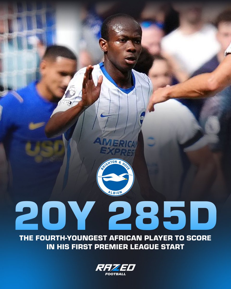 RazedFootball's tweet photo. Aged 20y 285d, Malick Yalcouyé is the FOURTH-YOUNGEST African player to score on his full Premier League debut. ⚽️

Only Rayan Aït-Nouri, Peter Ndlovu, and Alex Iwobi were YOUNGER when achieving the feat! 📊 https://t.co/eZ9u9zasvz