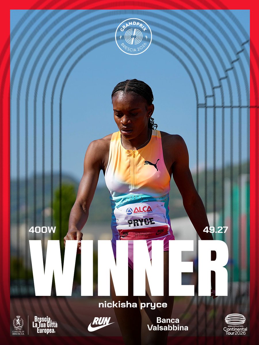 GP_Brescia's tweet photo. Pryce wins at photofinish 💪⏱️

Nickisha takes the women's 400m, finishing ahead of Salwa Eid Naser and Stacey Ann Williams!

#GrandPrixBrescia #ContinentalTourSilver #Athletics #WACT https://t.co/Oi3BJPVB3P