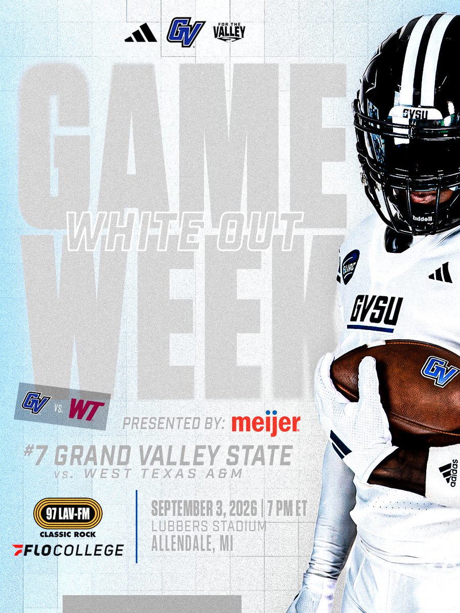 gvsufootball's tweet photo. WHITE OUT home opener on the clock 🕰️

#AnchorUp | #ForTheValley | #WAWG https://t.co/MkZIz6gAJb
