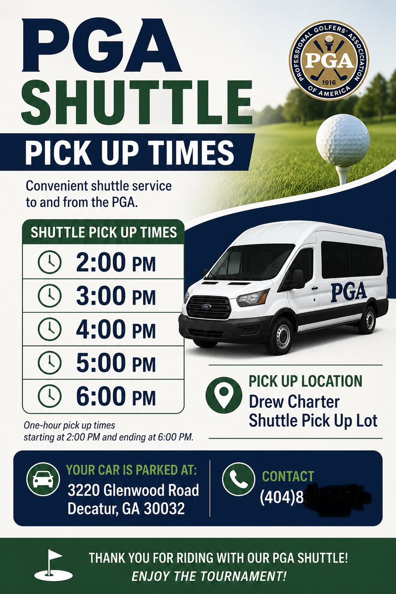 freeshlyfe's tweet photo. Why wait in the long lines, when you can shuttle to the gate and back to the driver’s side of your car? @pgatour @pga @pga @pgatourchampions 
Join us for a convenient, safe & hassle-free parking experience. Air-conditioned shuttle van ride to and from the gate entrance.
https://t.co/guWqRaUC0A