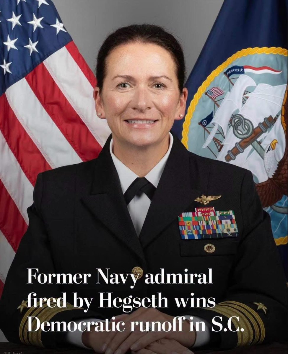 Gianl1974's tweet photo. COMING SOON TO CONGRESS… 🤞🏽Former Navy admiral Nancy Lacore, who was previously fired by Defense Secretary Pete Hegseth, won the Democratic nomination for the 1st Congressional District of South Carolina 💙

Remember what Mike Johnson said: We can “end Trump’s presidency” by sending Democrats to Congress 👍🏾