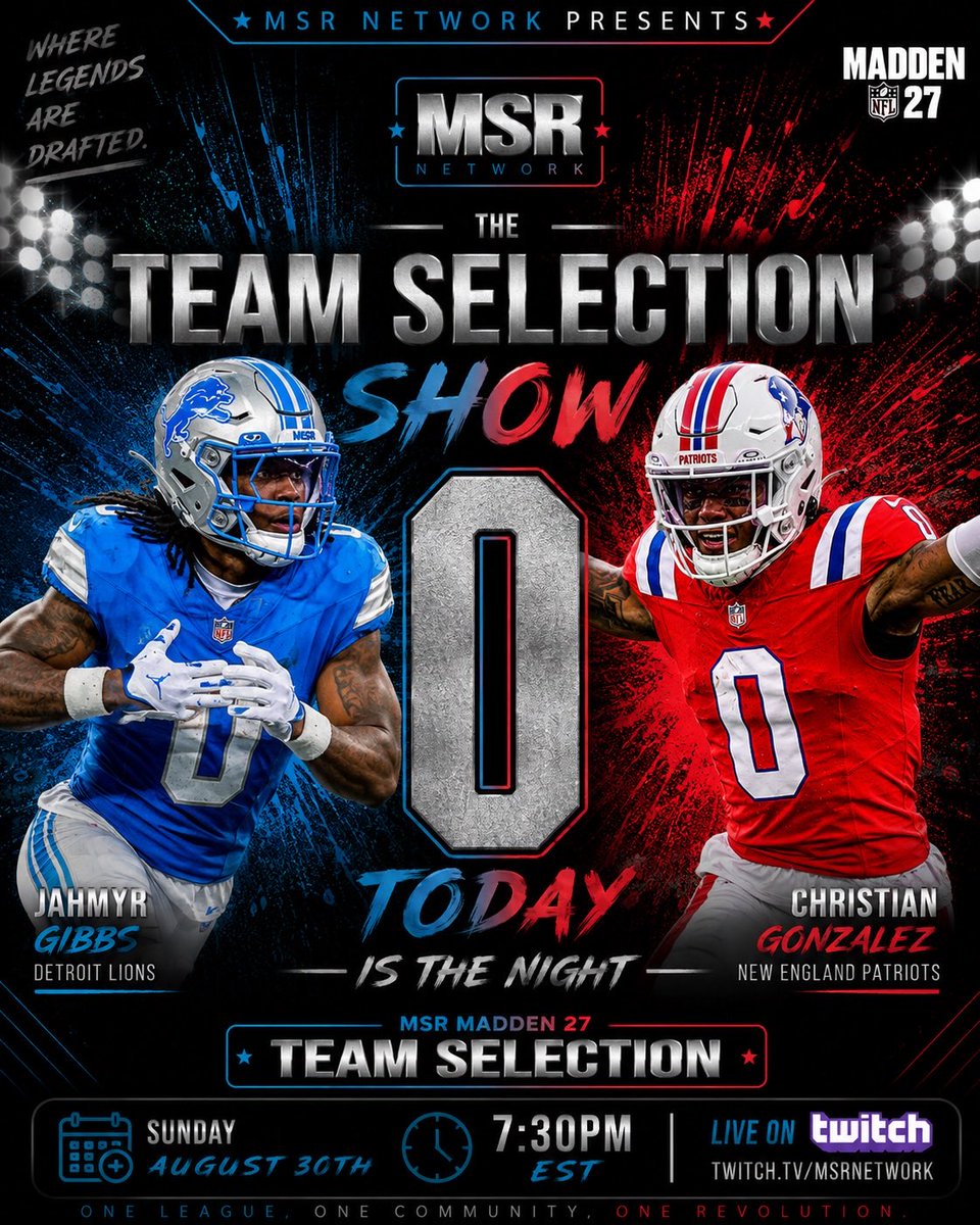 MSR_Network's tweet photo. The @MSRLeague prepares to usher in a new cycle of Competition. Content. And Community. Tonight is the night!

Powered by @MyMaddenDev, the #Madden27 Team Selection Show is HERE!!!

🕢: TONIGHT @ 7:30p
🎥: https://t.co/WikFcvRf1V

#MSR67 | @EAMaddenNFL | #Twitch https://t.co/sgma8JTrJX