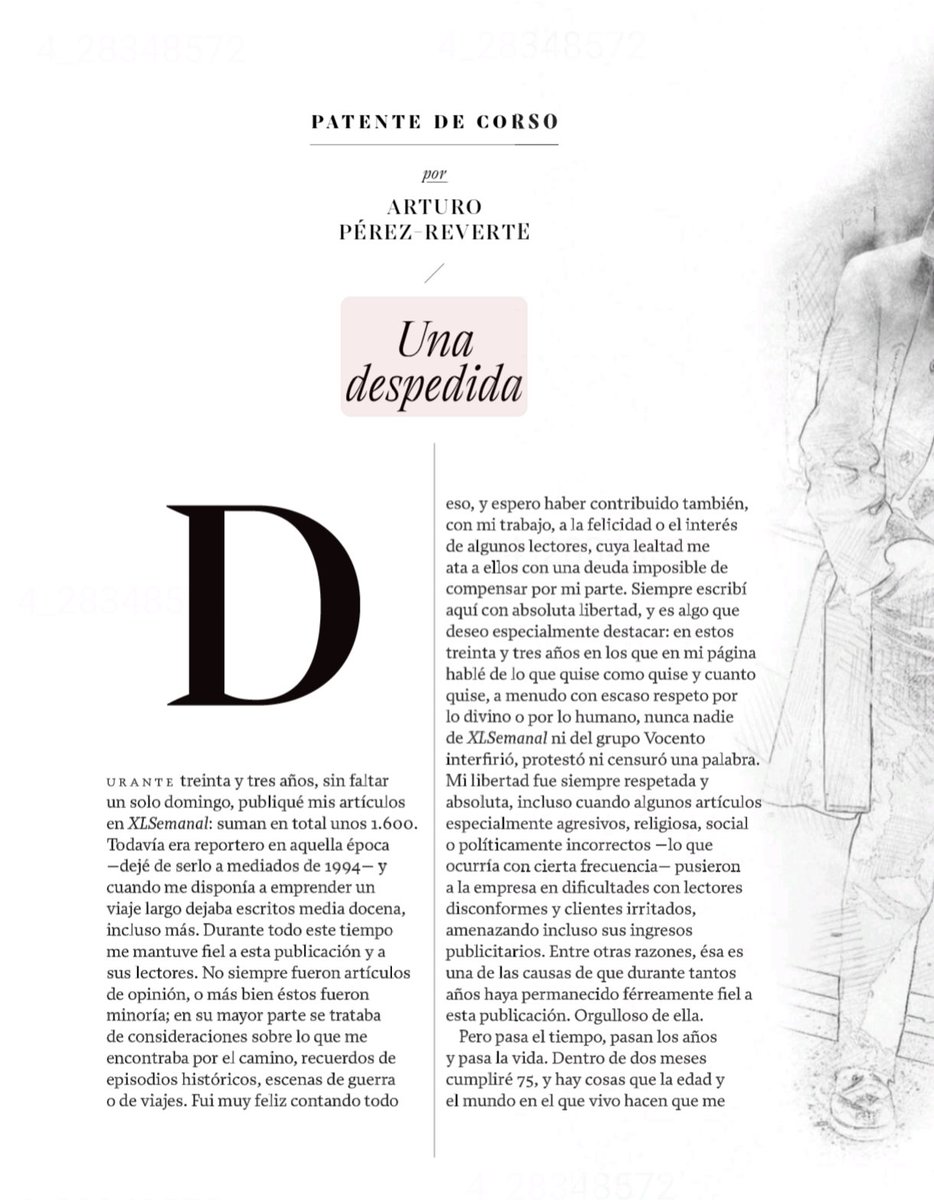 Sergbar's tweet photo. ✍🏼 Se despide @perezreverte,  del @XLSemanal,  después de 33 años sin faltar ni una semana a su cita de los domingos. 😢 https://t.co/IDW78FIRNB