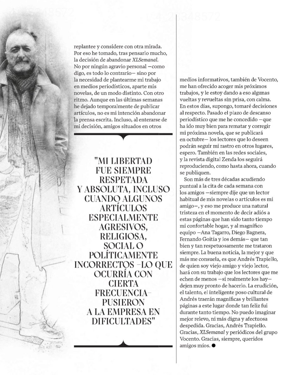 Sergbar's tweet photo. ✍🏼 Se despide @perezreverte,  del @XLSemanal,  después de 33 años sin faltar ni una semana a su cita de los domingos. 😢 https://t.co/IDW78FIRNB