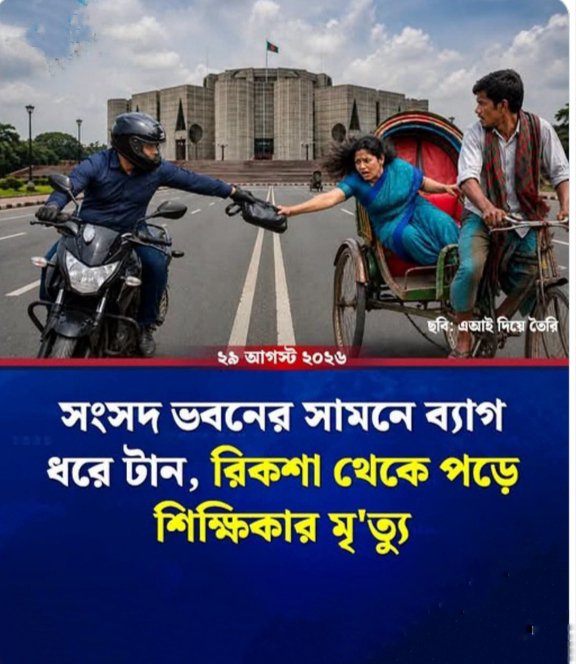 Alamin47528's tweet photo. 😔 চিকিৎসার জন্য ঢাকায় এসে মর্মান্তিক পরিণতি!

সংসদ ভবনের সামনে রিকশায় থাকা প্রধান শিক্ষিকার ব্যাগ ধরে টান দেয় ছিনতাইকারীরা। রিকশা থেকে পড়ে প্রাণ হারান রনজিনা পারভীন। ঘটনায় ২ জন গ্রেপ্তার।

🔗 বিস্তারিত: https://t.co/DRWgm0y91P

#Dhaka #Bangladesh #CrimeNews #BreakingNews https://t.co/5K6o64ZSqC