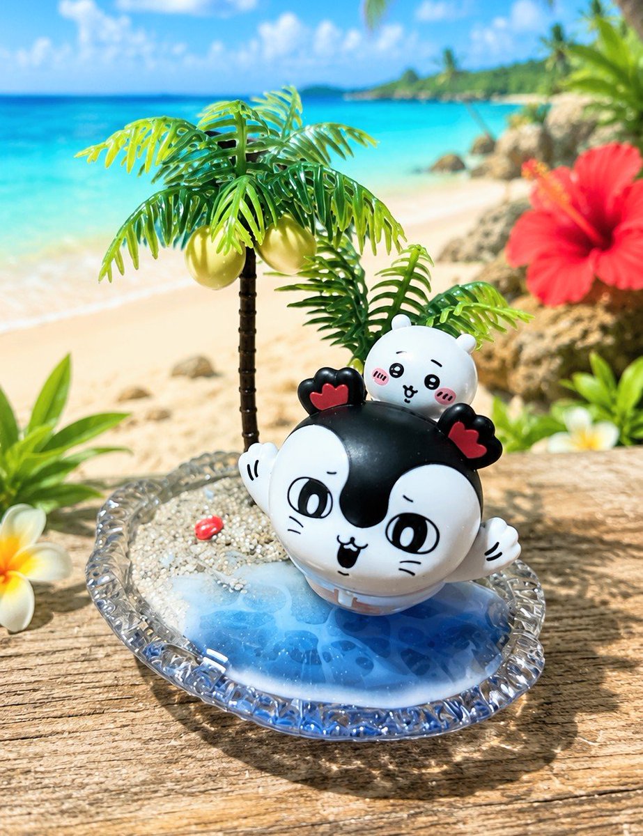 MoriRito's tweet photo. 出来たよぉ～～🌴🌺
特典のプルバックカー1個しか手に入らなかったから、ちゃんと飾ってあげたくて土台作った～(*´ω`*)✨
波の模様失敗してるけど…(笑)
素材はほぼセリアで買い揃えたよ～🎶
 #ちいかわ  #ちいかわ映画特典 https://t.co/xmO04cmHYa