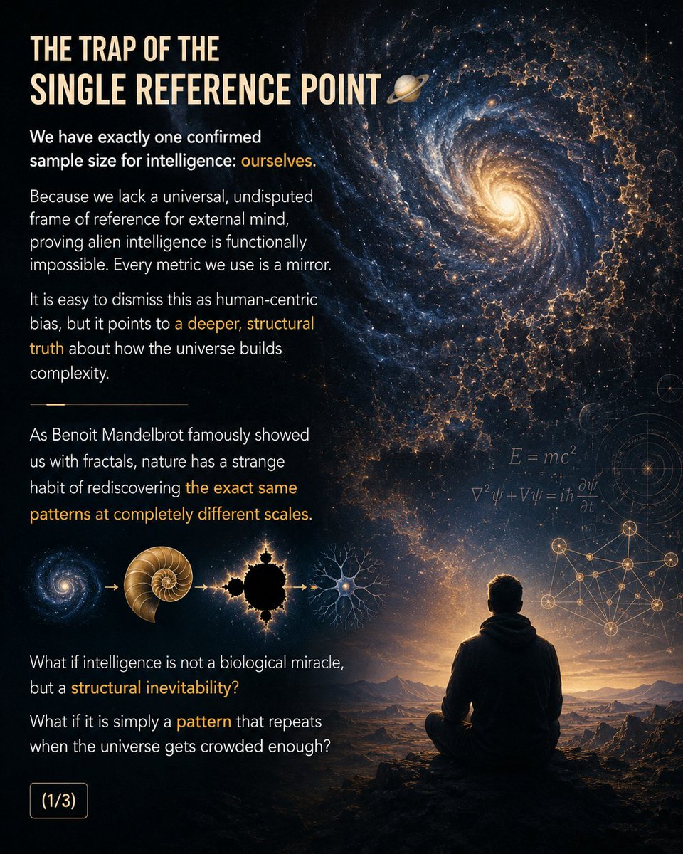 andrew_redican's tweet photo. We have exactly one confirmed sample size for intelligence: ourselves.

Because we lack a universal, undisputed frame of reference for external mind, proving alien intelligence is functionally impossible. 

Every metric we use is a mirror. It is easy to dismiss this as human-centric bias, but it points to a deeper, structural truth about how the universe builds complexity.

As Benoit Mandelbrot famously showed us with fractals, nature has a strange habit of rediscovering the exact same patterns at completely different scales.

What if intelligence is not a biological miracle, but a structural inevitability? 

What if it is simply a pattern that repeats when the universe gets crowded enough?

(1/3)