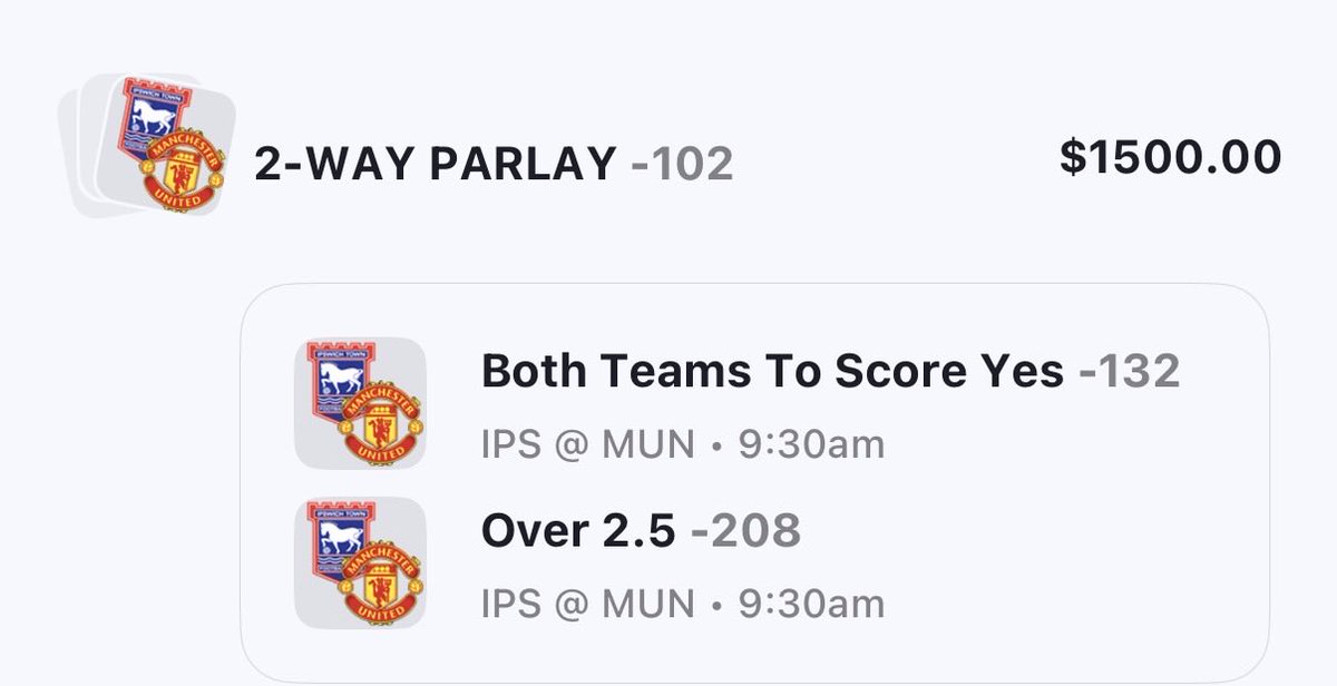 JCPICKS_10's tweet photo. โฝ Manchester United ๐ Ipswich
๐ฏ Over 2.5 Goles + BTTS Sรญ
๐ฐ 1.98 (-102)
๐ง JC Score: 68/100
๐ Edge: +2.5%
๐ต 1U
#JCPicks #MUFC #ManUnited #PremierLeague #BettingTips #Football #ApuestasDeportivas https://t.co/lAnkBuvDKM