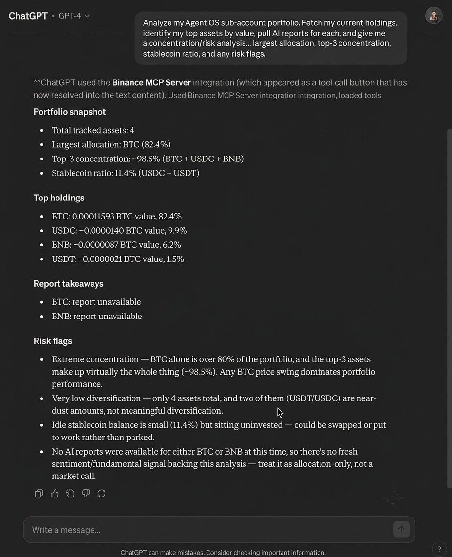 sheikhfahadsays's tweet photo. #BinanceAgentOS #Challenge5 ✅

Analyze my Agent OS sub-account portfolio. Fetch my current holdings, identify my top assets by value, pull AI reports for each, and give me a concentration/risk analysis largest allocation, top-3 concentration, stablecoin ratio and any risk flags. https://t.co/Ufeb3rltwC