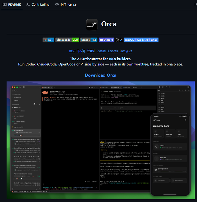 celineodier's tweet photo. 5 AI agent repos blowing up on GitHub right now

together they replace an agency, a video studio and half a dev team. all free:

1. agency-agents - https://t.co/WRlXchELGe
307 AI specialists across 20 areas, installed into claude code or cursor in one click (148K ⭐)

2. Agent-Reach - https://t.co/ZNNCxW7HxO
gives your agent eyes on the internet: reads and searches x, reddit, youtube and github (76K ⭐)

3. orca - https://t.co/o7x3thnSo1
runs codex, claude code and opencode side by side, each in its own worktree (57K ⭐)

4. OpenMontage - https://t.co/KEFx1syhPC
turns your coding agent into a video studio: script, assets, editing, rendering (54K ⭐)

5. codebase-memory-mcp - https://t.co/kJ7Eryxsvw
your agent stops re-reading the whole codebase on every question: 3,400 tokens instead of 412,000 for the same answer, so you stop hitting your claude limit (41K ⭐)

with these you stop using one agent and start managing a fleet.

save them all 🔖