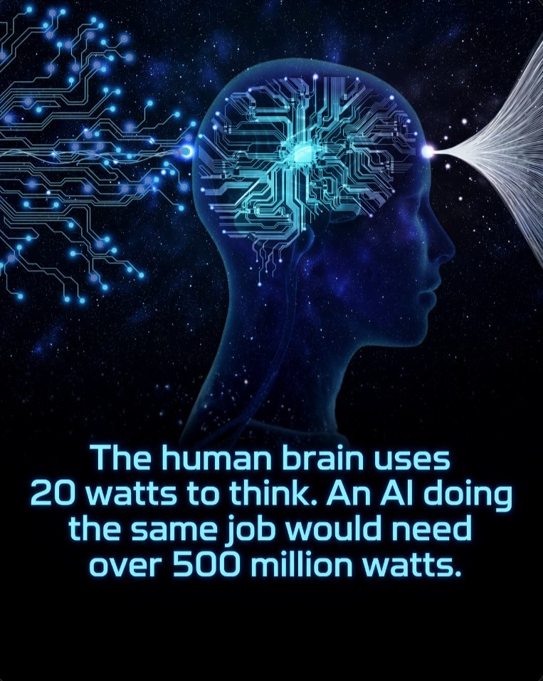 Rainmaker1973's tweet photo. Your brain thinks on about 20 watts. An artificial system doing the same work would need roughly 25 million times more energy, enough, on paper, to supply a quarter of a million homes.

Matching the complexity of a human cortex has been a long standing goal in computing, but the power cost is enormous. Researchers have estimated that a human scale model of about 20 billion neurons, run on an exascale machine, would draw around 0.5 gigawatts, or 500 million watts. That is the same order of demand as running hundreds of thousands of average households at once. It is a hard limit on any plan to copy the brain by throwing more conventional silicon at the problem.

Biology makes the contrast sharper. The living brain does its work on the power of a dim bulb. An exascale simulator would need the budget of a small city. That gap is why labs have turned to neuromorphic chips, hardware that copies the sparse, event driven style of real neurons instead of burning watts on dense matrix math. Until those architectures are mature, a full, faithful simulation of human cognition stays behind a power bill that no ordinary data center can pay.

[Thakur, C. S., et al. (2018). Large-Scale Neuromorphic Spiking Array Processors: A Quest to Mimic the Brain. Frontiers in Neuroscience, 12, 891]
