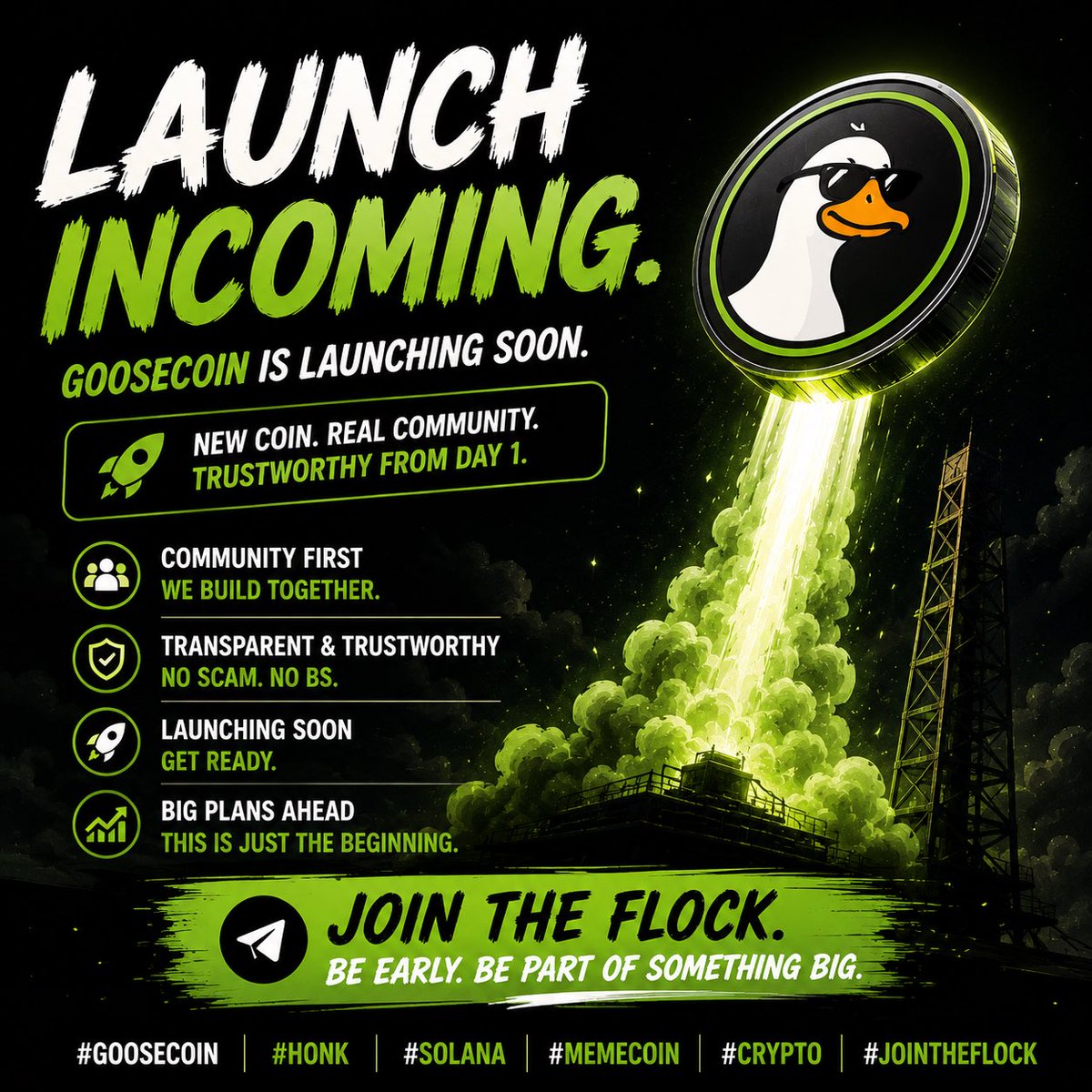 GooseCoin1's tweet photo. 🚀 LAUNCH INCOMING… 🪿

GooseCoin is getting ready for takeoff.
New coin. Real community. Trustworthy from day one. 💚

Get ready. The HONK is coming. 👀🔥

#GooseCoin #HONK #Solana #Memecoin #Crypto #CryptoLaunch #JoinTheFlock https://t.co/Oc0NKRd3wB