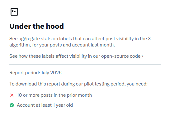 LiorShemesh's tweet photo. Under the hood

See aggregate stats on labels that can affect post visibility in the X algorithm, for your posts and account last month.

https://t.co/gfoHpHvLRH https://t.co/RezAB2BADl