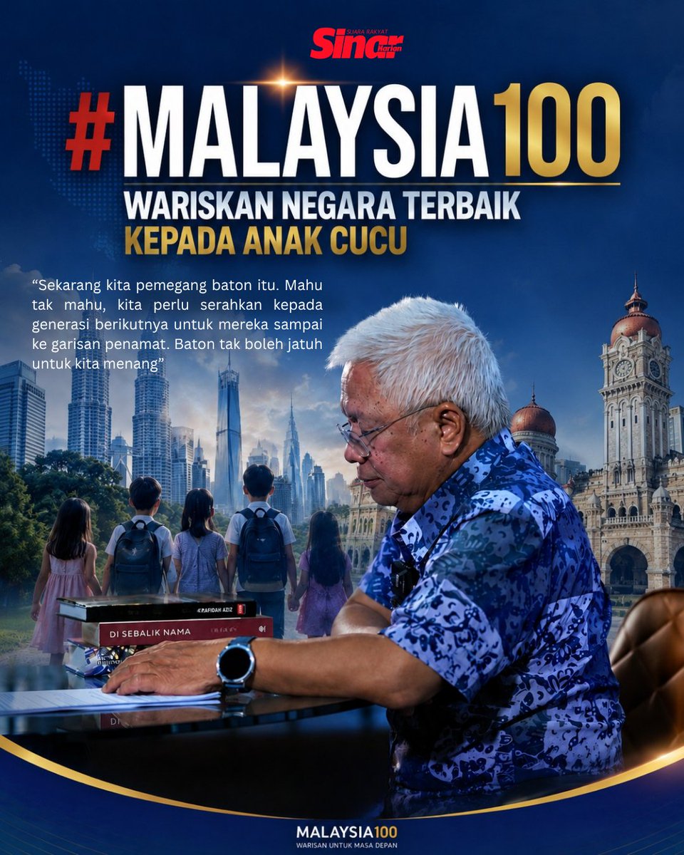 SinarOnline's tweet photo. #MALAYSIA100 WARISKAN NEGARA TERBAIK KEPADA ANAK CUCU

Kempen Legasi #Malaysia100 dilancarkan sempena Hari Kebangsaan hari ini dengan misi menggunakan tempoh setahun hingga 31 Ogos 2027 untuk menghimpunkan pandangan rakyat dan menentukan hala tuju negara sebelum Malaysia memasuki perjalanan 30 tahun menuju usia 100 tahun kemerdekaan pada 2057.

Pengerusi Yayasan Sinar Untuk Malaysia yang juga Pengasas Yayasan Warisan Ummah Ikhlas (WUIF), Datuk Hussamuddin Yaacub berkata, kempen itu mahu membuka ruang dialog nasional melibatkan rakyat tanpa mengira kaum, agama, latar belakang atau fahaman politik bagi membayangkan bentuk Malaysia yang mahu diwariskan kepada generasi seterusnya.

Ikuti temu bual Sinar Harian bersama Hussamuddin mengenai gagasan legasi #Malaysia100 dan masa depan negara menjelang 2057

#sinarharian #beritaterkini #Malaysia100 #HussamuddinYaacub #HariKebangsaan #M100