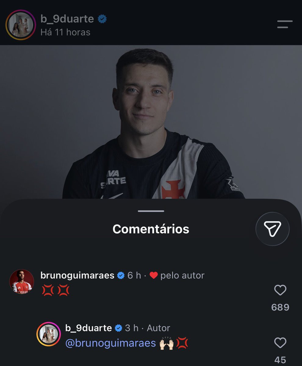 newscolina's tweet photo. Bruno Guimarães comentou na publicação de Bruno Duarte no Instagram. https://t.co/r9rxBwVztA