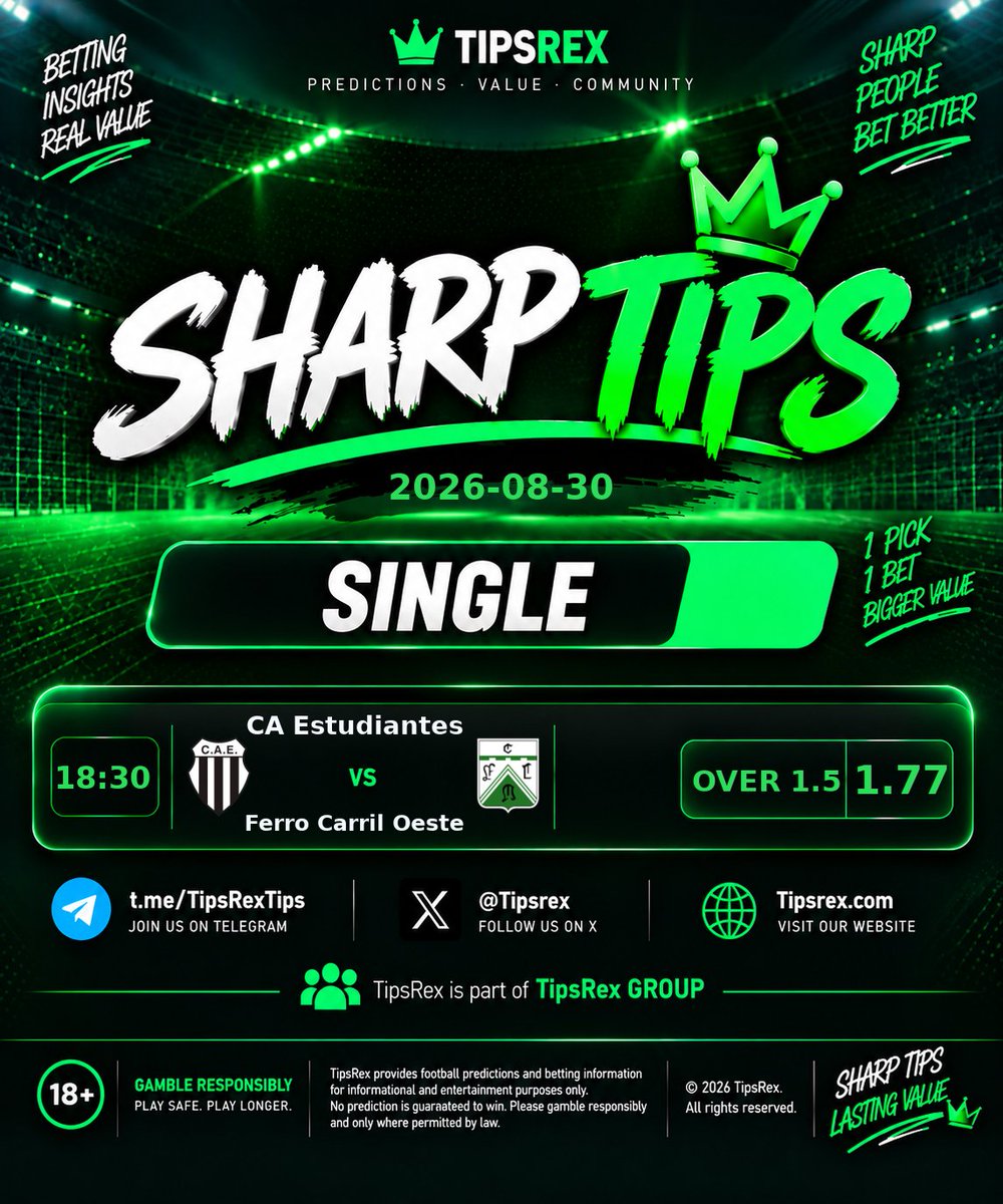 Tipsrex's tweet photo. 🔥 Almirante Brown vs Deportivo Madryn
🏆 Primera Nacional
📊 Over 1.5 @ 1.66
♻️ RT if you’re tailing 🎯
#SharpTips #FootballTips #BettingTips #Over15 https://t.co/I5xChCU3A1