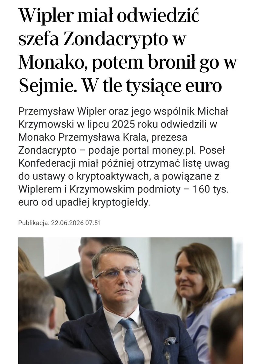 Le_Chiffre_00's tweet photo. Panie Pośle @Wipler1978, Polacy mają prawo wiedzieć, co robił Pan w Monako i o czym rozmawiał z prezesem Zondy.

Wpłata na Pana fundację, a później działania dotyczące interesów Zondy Crypto? Jeśli te fakty się potwierdzają, trudno przejść nad tym do porządku dziennego.

Kto, kiedy i w jakim celu prowadził te rozmowy? Czy między wpłatą a późniejszym lobbowaniem istniał jakikolwiek związek?

Proszę o konkrety, nie ogólniki. Opinia publiczna ma prawo znać prawdę.