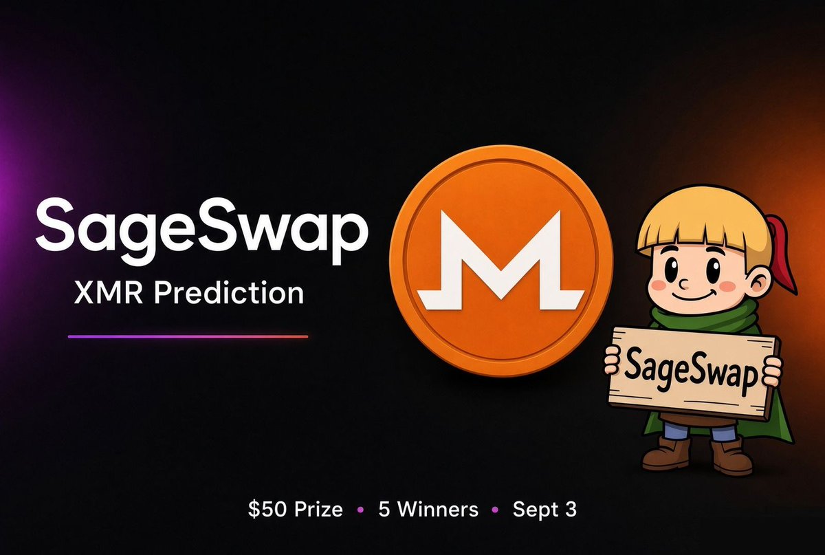 SageSwap_io's tweet photo. 🚨SageSwap monero:native Price Prediction contest — $50 prize pool.

Predict the Monero price.
5 winners get $10 each, paid in XMR.

What to predict:
XMR/USD on CoinGecko at 12:00 UTC on 3 September 2026.

How to enter:
1. Follow @SageSwap_io
2. Reply with one price only, like $481.50
3. Like + repost this post

Deadlines:
Entries close 1 September 2026, 
Winners posted 3 September 2026

Closest 5 predictions win.
1 entry per account. First valid reply counts.
Must be following at payout.
Tie = earlier reply.
Fake / multi accounts out.
Winners DM an XMR address within 48 hours.

Community contest only. Not financial advice.

monero:native #Monero #XMR #CryptoGiveaway