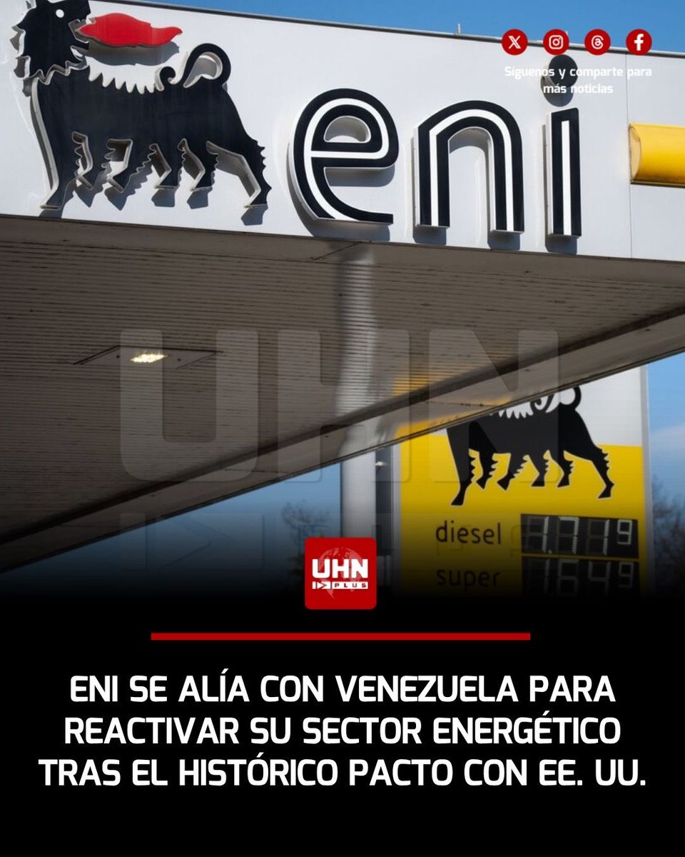 UHN_Plus's tweet photo. 🇮🇹🇻🇪🇺🇸‼️ | Según reportes de Bloomberg, la petrolera italiana Eni S.p.A. inició gestiones con funcionarios de Venezuela para apoyar la revitalización de la infraestructura energética nacional. El anuncio trasciende luego de que el gobierno de Estados Unidos hiciera público un acuerdo con firmas privadas para tomar el control mayoritario de más de 65.000 millones de barriles de las reservas probadas en territorio venezolano.