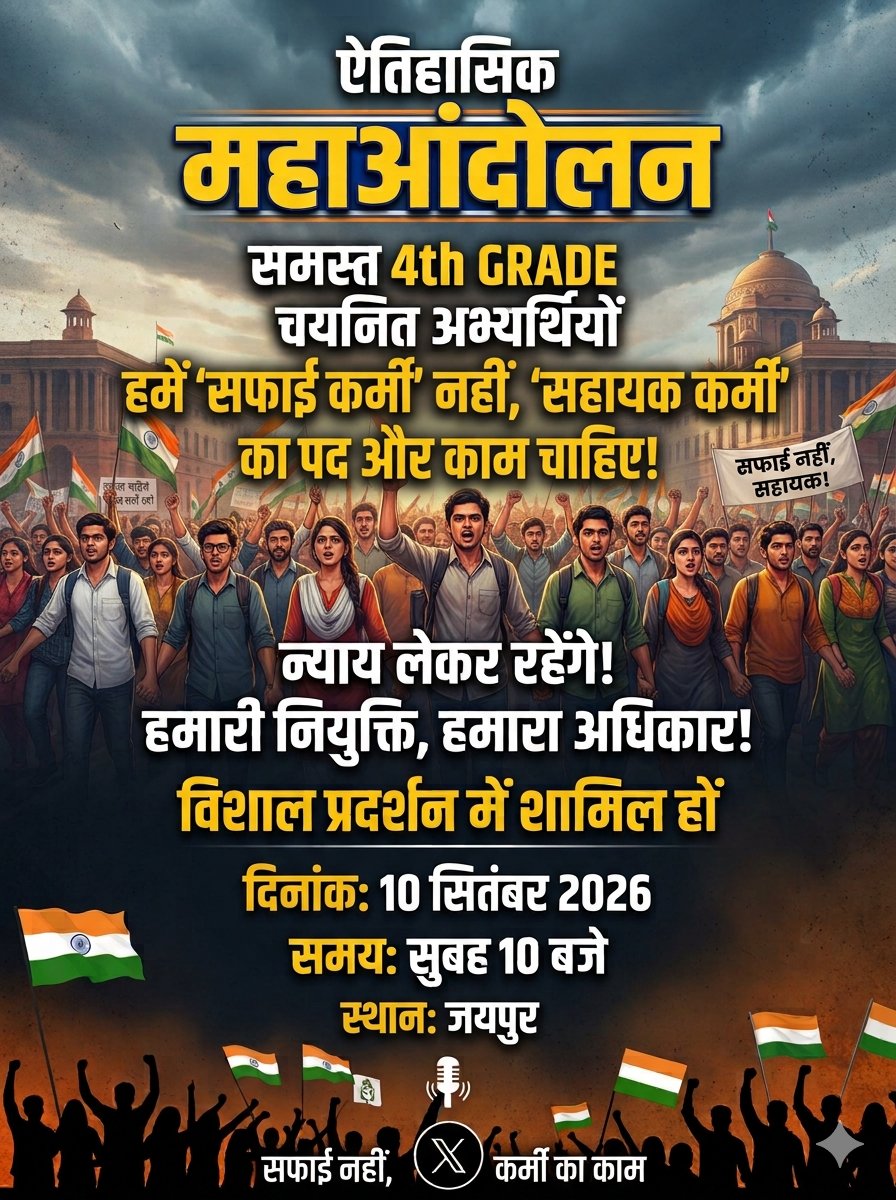 sharma_che72483's tweet photo. 📢 चयनित 4th Grade अभ्यर्थियों का महाआंदोलन!हम अपनी नियुक्ति और हक की लड़ाई के लिए एकजुट हो रहे हैं। हमारी स्पष्ट मांग है—हमें 'सफाई कर्मी' नहीं, बल्कि 'सहायक कर्मी' का पद और काम दिया जाए!🗓 💼#4thGradeCyanitAandolan #JaipurMahaAandolan #HameSahayakKarmiBanao #JusticeFor4thGrade https://t.co/MDYFYIObbe