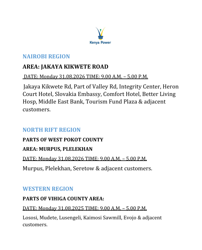 KenyaPower_Care's tweet photo. Good evening. Please find below the areas scheduled for planned maintenance on Monday, 31 August 2026. ^HM https://t.co/S0HEGUiq6s