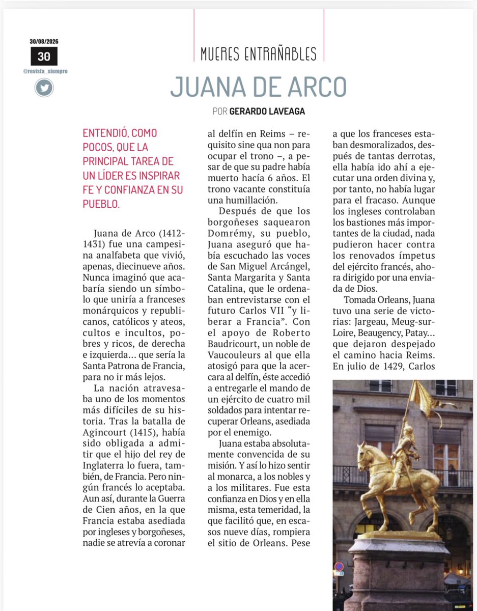 GLaveaga's tweet photo. Juana de Arco 🇫🇷 intuyó lo que muchos políticos no entendían en el siglo XV…y no entienden a la fecha: una de las tareas primordiales de un líder es infundir confianza en su comunidad. 
De ella escribí una breve semblanza en @Siempre_revista, que comparto con ustedes: https://t.co/LMz4L30ho2