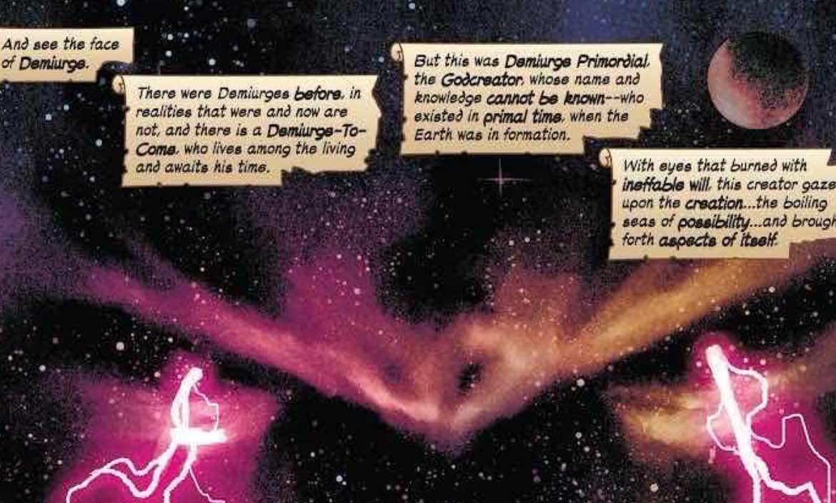 NatchiosEstate's tweet photo. @Jeansolosyou @Ni0r_K4plan @GhostlyPr3senc3 Progenitor: is a biological ancestor, Idea, person or thing that originates &amp; gives rise to something new. There’s only one demiurge that exists within the universe. Common sense would tell you that each panel you pull even from current comics DIRECTLY show you they are the same. https://t.co/ghTAW1AkJf