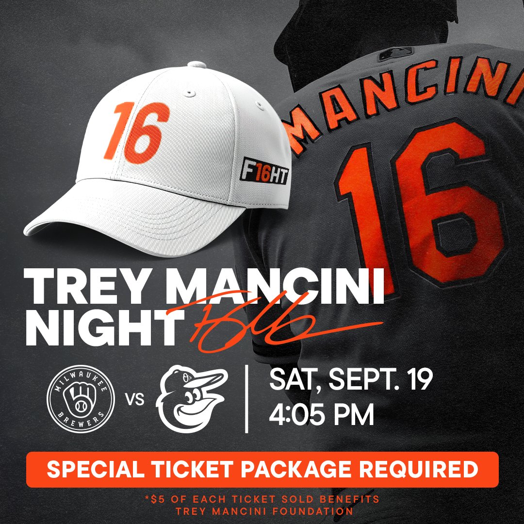 Orioles's tweet photo. Trey Mancini is officially retiring as an Oriole 🤩

Join us at The Yard on Saturday, September 19, to celebrate his retirement! Fans can purchase a special ticket package that includes a game ticket and a limited-edition “F16HT” hat. A portion of the proceeds will be donated to The Trey Mancini Foundation 🧡

🎟️ https://t.co/iDR8HFUVdi