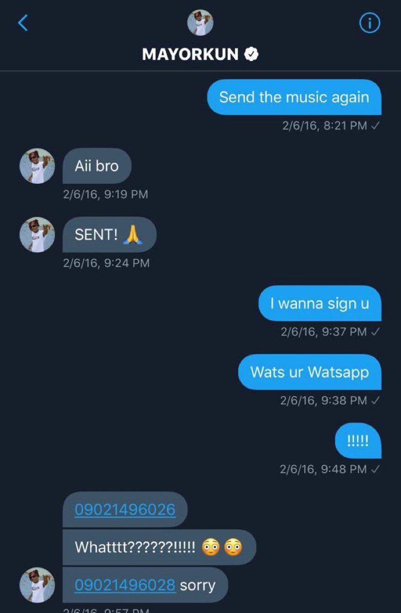 DavidoPolice's tweet photo. Davido and Mayorkun’s first ever message in 2016, before he got signed. Davido asked for his number, and Mayorkun sent him  wrong number first 😭😂 I’m sure his whole body was shaking at that moment 😂😂❤️❤️ https://t.co/vdtcTHz5z1