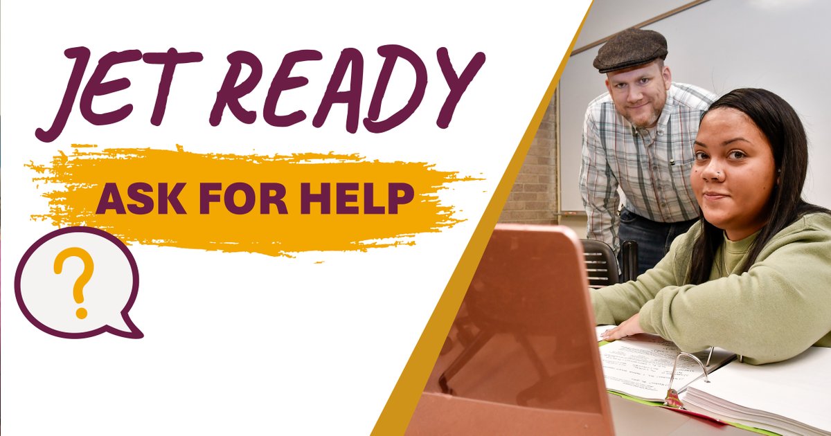 JacksonCollege's tweet photo. Jet Ready: Ask for Help. You don't have to figure it all out on your own. JC offers tutoring through the Center for Student Success, along with emergency aid, Harriet’s Hub food pantry and more. Stop by Bert Walker Hall for information.
#jacksoncollege #jcjets #jetready https://t.co/r6HyTqbwC9